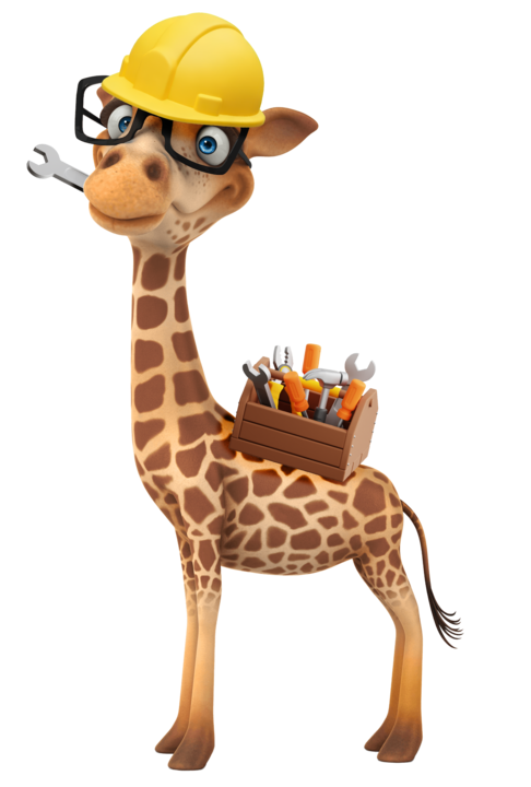 Cartoon giraffe wearing glasses and holding tools